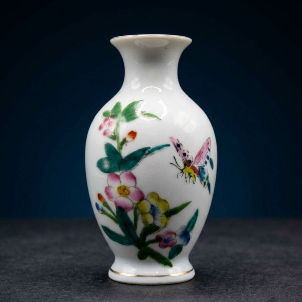 Vintage Chinese Miniature Porcelain Vase 4" Colorful Floral Butterfly Gold Trim